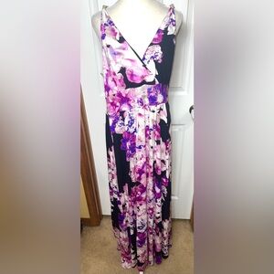 Jennifer Lopez Maxi Dress Floral Purple/Black/Ivory A-Line Sleeveless V Neck XL